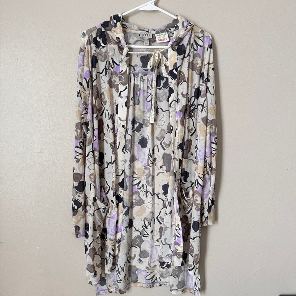 LOGO Lori Goldstein Beach To Street Sheer Mesh Hooded Cardigan Coverup MEDIUM - Picture 1 of 11